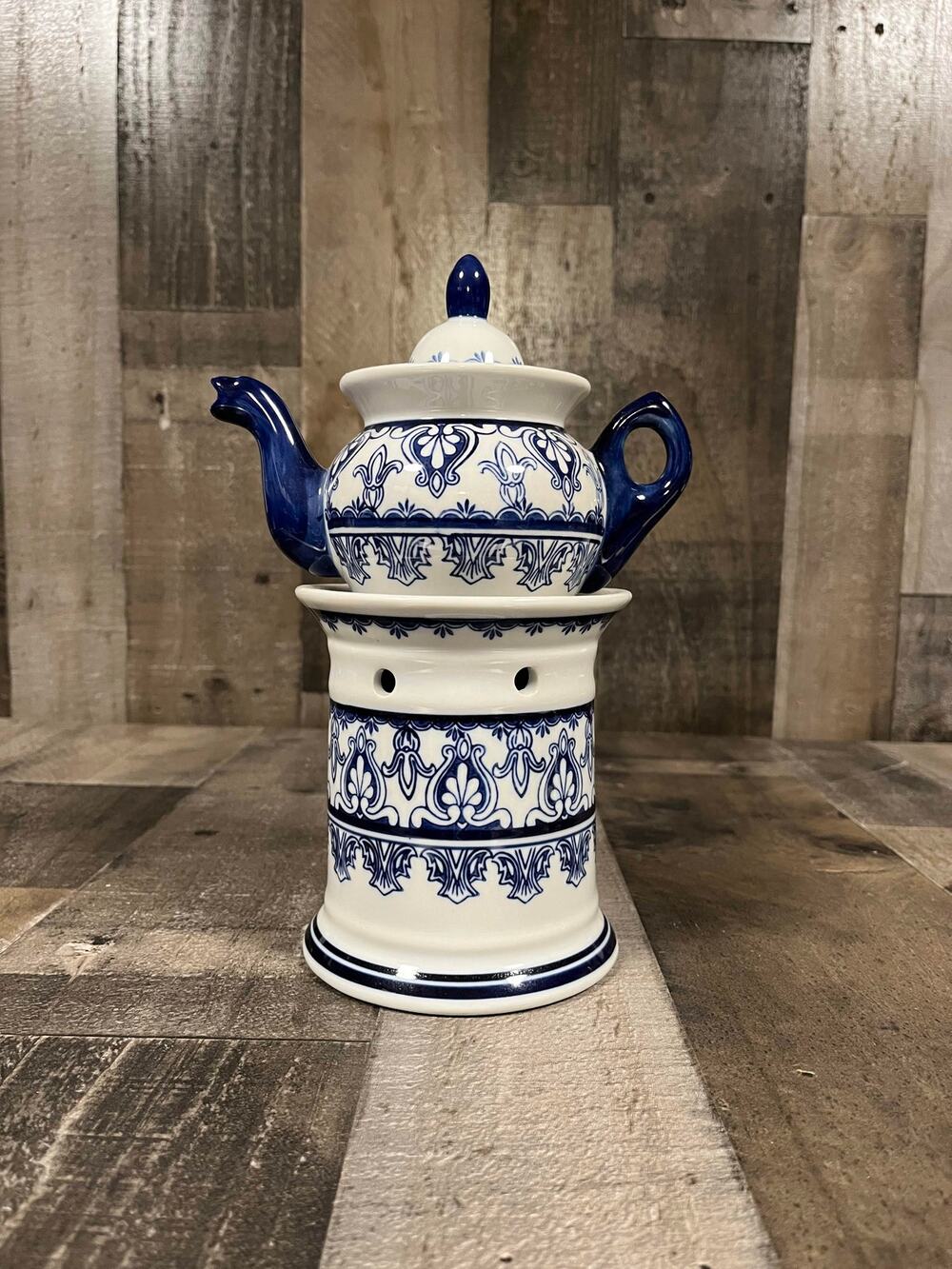 Bombay Blue & White Porcelain Single Serve TeaPot w/ Tealight Warmer Stand